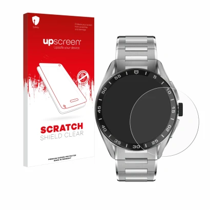 Front side of a product packaging with the brand logo upscreen. Next to it is the device TAG Heuer Connected Calibre E4 (45 mm