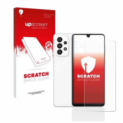 Front side of a product packaging with the brand logo upscreen. Next to it is the device Samsung Galaxy A33 5G (Front+Camera) 