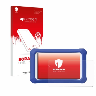 Front side of a product packaging with the brand logo upscreen. Next to it is the device Clementoni Clempad X Revolution shown