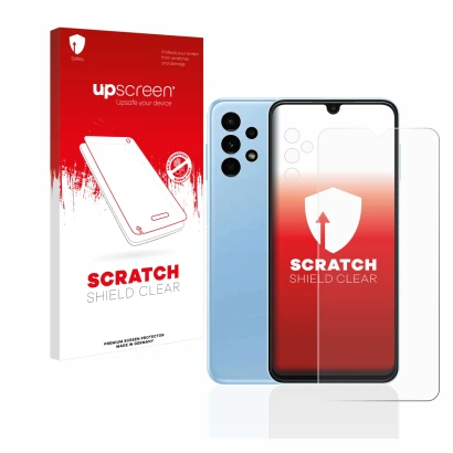 Front side of a product packaging with the brand logo upscreen. Next to it is the device Samsung Galaxy A13 (Front+Camera) sho