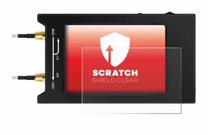 Image of the device NanoVNA H4 with a wide variety of screen protectors.