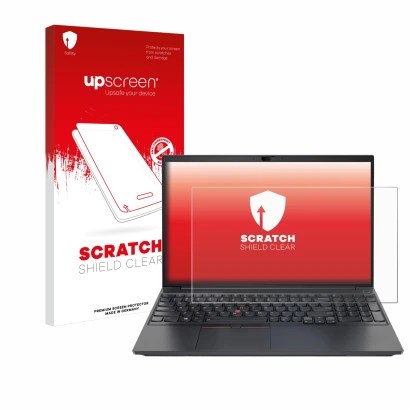 Front side of a product packaging with the brand logo upscreen. Next to it is the device Lenovo ThinkPad E15 Gen 2 shown with 