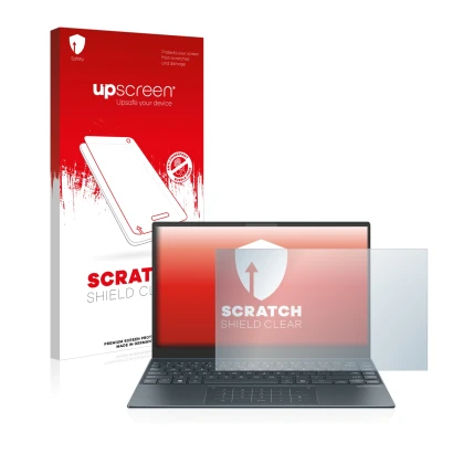 Front side of a product packaging with the brand logo upscreen. Next to it is the device ASUS ZenBook 13 OLED shown with the c