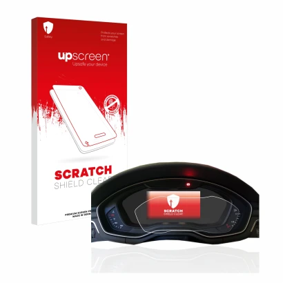 Front side of a product packaging with the brand logo upscreen. Next to it is the device Audi A4 B9 2017 Virtual Cockpit shown