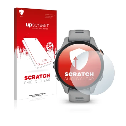 Front side of a product packaging with the brand logo upscreen. Next to it is the device Garmin Forerunner 255S shown with the