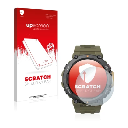 Front side of a product packaging with the brand logo upscreen. Next to it is the device Huami Amazfit T-Rex 2 shown with the