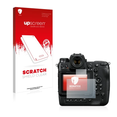 Front side of a product packaging with the brand logo upscreen. Next to it is the device Nikon Z 9 (Display + top plate displa