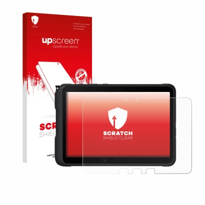 Front side of a product packaging with the brand logo upscreen. Next to it is the device Samsung Galaxy Tab Active 4 Pro shown
