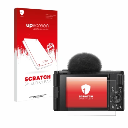 Front side of a product packaging with the brand logo upscreen. Next to it is the device Sony ZV-1F shown with the correspondi