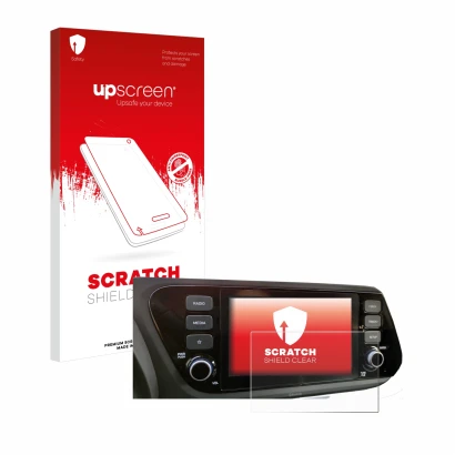Front side of a product packaging with the brand logo upscreen. Next to it is the device Hyundai i20 2020 8" shown with the co