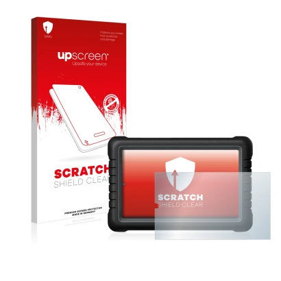 Front side of a product packaging with the brand logo upscreen. Next to it is the device Launch X-431 PROS V 8" shown with the