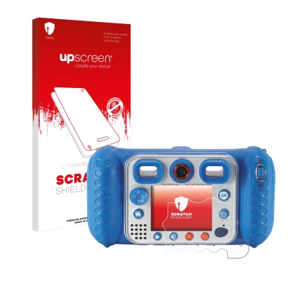 Front side of a product packaging with the brand logo upscreen. Next to it is the device Vtech Kidizoom Duo Pro shown with the