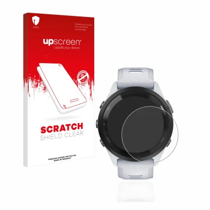 Front side of a product packaging with the brand logo upscreen. Next to it is the device Garmin Forerunner 265 (46 mm) shown w