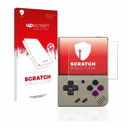 Front side of a product packaging with the brand logo upscreen. Next to it is the device Miyoo Mini Plus shown with the corres