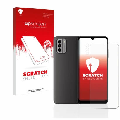 Front side of a product packaging with the brand logo upscreen. Next to it is the device Nokia G22 (Front+Camera) shown with t