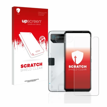 Front side of a product packaging with the brand logo upscreen. Next to it is the device ASUS ROG Phone 7 Ultimate (Front+Came