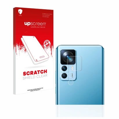 Front side of a product packaging with the brand logo upscreen. Next to it is the device Xiaomi 12T (ONLY Camera Lens) shown w
