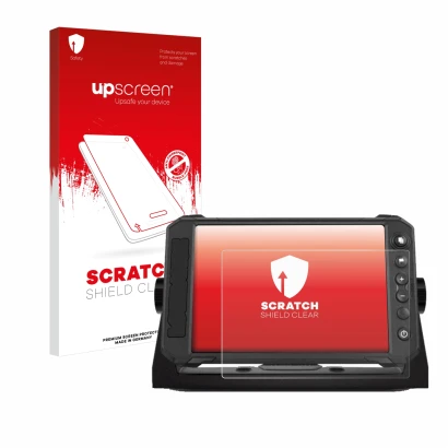Front side of a product packaging with the brand logo upscreen. Next to it is the device Lowrance Elite FS 7 shown with the co