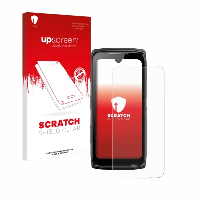 Front side of a product packaging with the brand logo upscreen. Next to it is the device Crosscall Core-Z5 shown with the corr