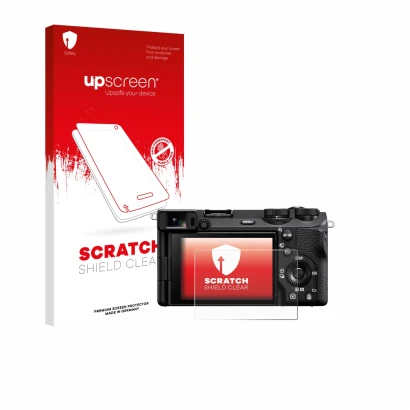 Front side of a product packaging with the brand logo upscreen. Next to it is the device Sony Alpha 6700 shown with the corres