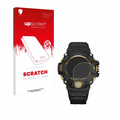 Front side of a product packaging with the brand logo upscreen. Next to it is the device Casio G-Shock GW-9400Y-1 shown with t
