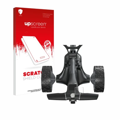 Front side of a product packaging with the brand logo upscreen. Next to it is the device Motocaddy M7 GPS Electric Trolley sho