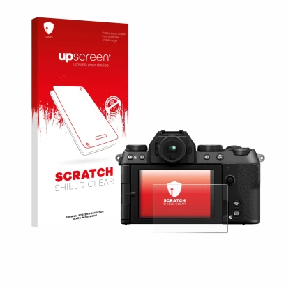 Front side of a product packaging with the brand logo upscreen. Next to it is the device Fujifilm X-S20 shown with the corresp