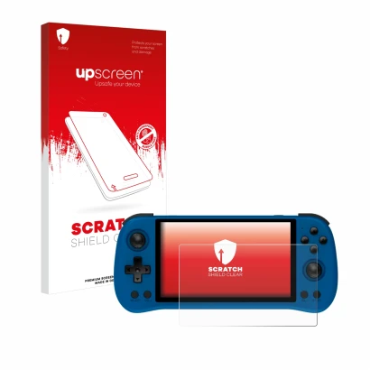 Front side of a product packaging with the brand logo upscreen. Next to it is the device Powkiddy X55 shown with the correspon