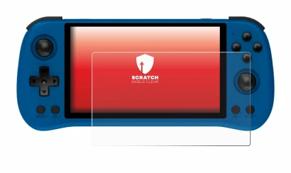 Image of the device Powkiddy X55 with a wide variety of screen protectors.