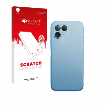Front side of a product packaging with the brand logo upscreen. Next to it is the device Fairphone 5 (ONLY Camera Lens) shown 