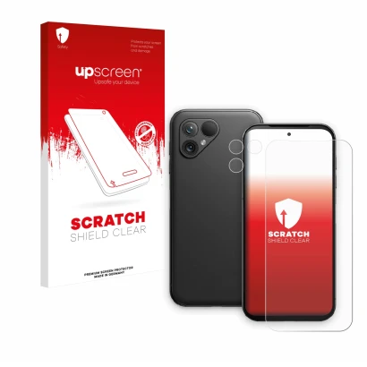 Front side of a product packaging with the brand logo upscreen. Next to it is the device Fairphone 5 (Front+Camera) shown with