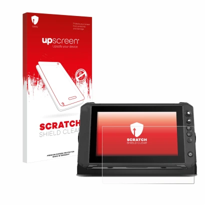 Front side of a product packaging with the brand logo upscreen. Next to it is the device Lowrance Elite FS 9 shown with the co