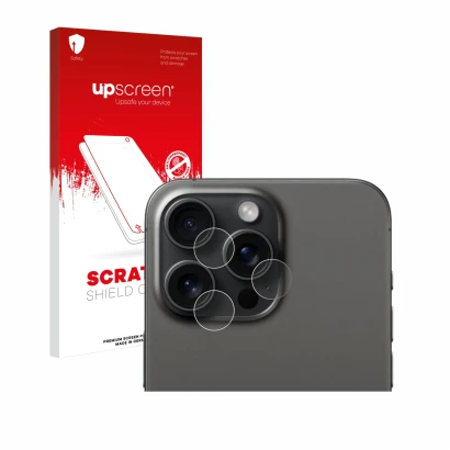 Front side of a product packaging with the brand logo upscreen. Next to it is the device Apple iPhone 15 Pro Max (ONLY Camera 