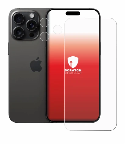 Image of the device Apple iPhone 15 Pro Max (Front+Camera) with a wide variety of screen protectors.