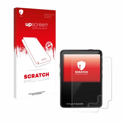 Front side of a product packaging with the brand logo upscreen. Next to it is the device HifiWalker H2 touch shown with the co