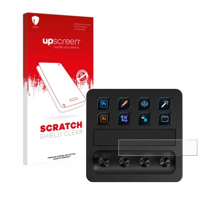 Front side of a product packaging with the brand logo upscreen. Next to it is the device Elgato Stream Deck + shown with the c