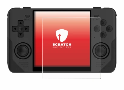 Image of the device Powkiddy RGB30 with a wide variety of screen protectors.