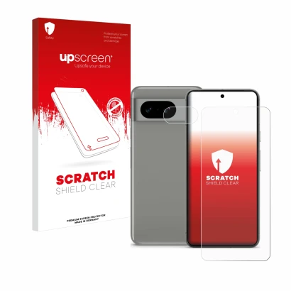 Front side of a product packaging with the brand logo upscreen. Next to it is the device Google Pixel 8 (Front+Camera) shown w