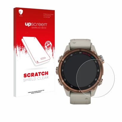 Front side of a product packaging with the brand logo upscreen. Next to it is the device Garmin Descent Mk3 (43 mm) shown with