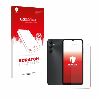 Front side of a product packaging with the brand logo upscreen. Next to it is the device Samsung Galaxy A05s shown with the co
