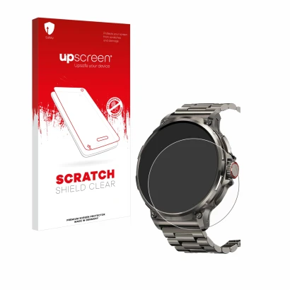 Front side of a product packaging with the brand logo upscreen. Next to it is the device Tesofit Smartwatch 1.85" (round) show