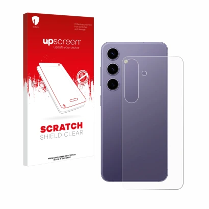 Front side of a product packaging with the brand logo upscreen. Next to it is the device Samsung Galaxy S24 (Back) shown with 