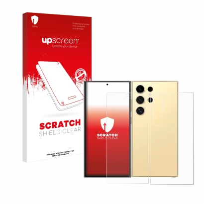 Front side of a product packaging with the brand logo upscreen. Next to it is the device Samsung Galaxy S24 Ultra (case-friend