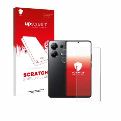 Front side of a product packaging with the brand logo upscreen. Next to it is the device Xiaomi Redmi Note 13 (Front+Camera) s