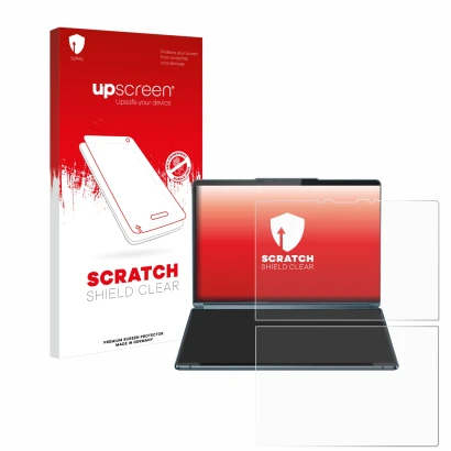 Front side of a product packaging with the brand logo upscreen. Next to it is the device Lenovo Yoga Book 9i Gen 9 shown with