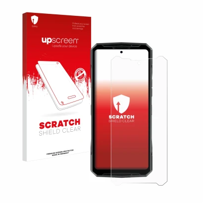 Front side of a product packaging with the brand logo upscreen. Next to it is the device Doogee DK10 shown with the correspond