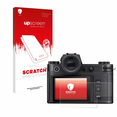 Front side of a product packaging with the brand logo upscreen. Next to it is the device Leica SL3 (Display + top plate displa