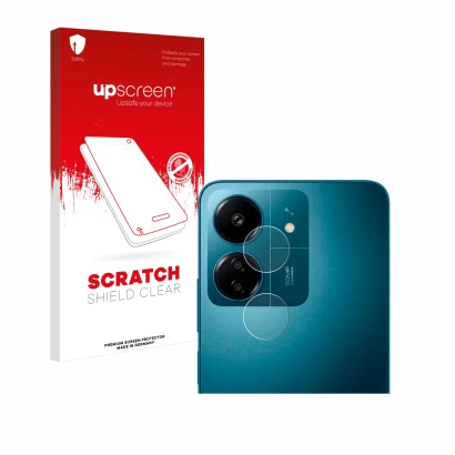 Front side of a product packaging with the brand logo upscreen. Next to it is the device Xiaomi Redmi 13C (ONLY Camera Lens) s