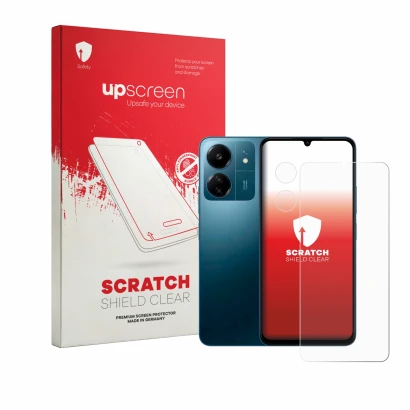 Front side of a product packaging with the brand logo upscreen. Next to it is the device Xiaomi Redmi 13C (Front+Camera) shown
