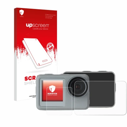 Front side of a product packaging with the brand logo upscreen. Next to it is the device Rollei Actioncam 9s Plus shown with t